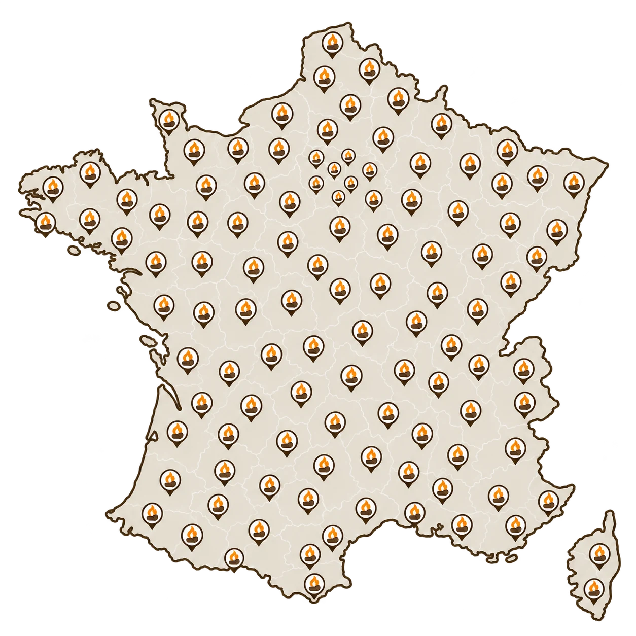 Carte illustrative du réseau La Réserve à Bois en France métropolitaine et en Corse